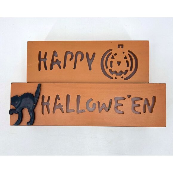 HALLOWEEN BOO CERAMIC CANDY DISH & HAPPY HALLOWEEN WOOD BLOCK DECOR SET - Picture 3 of 7